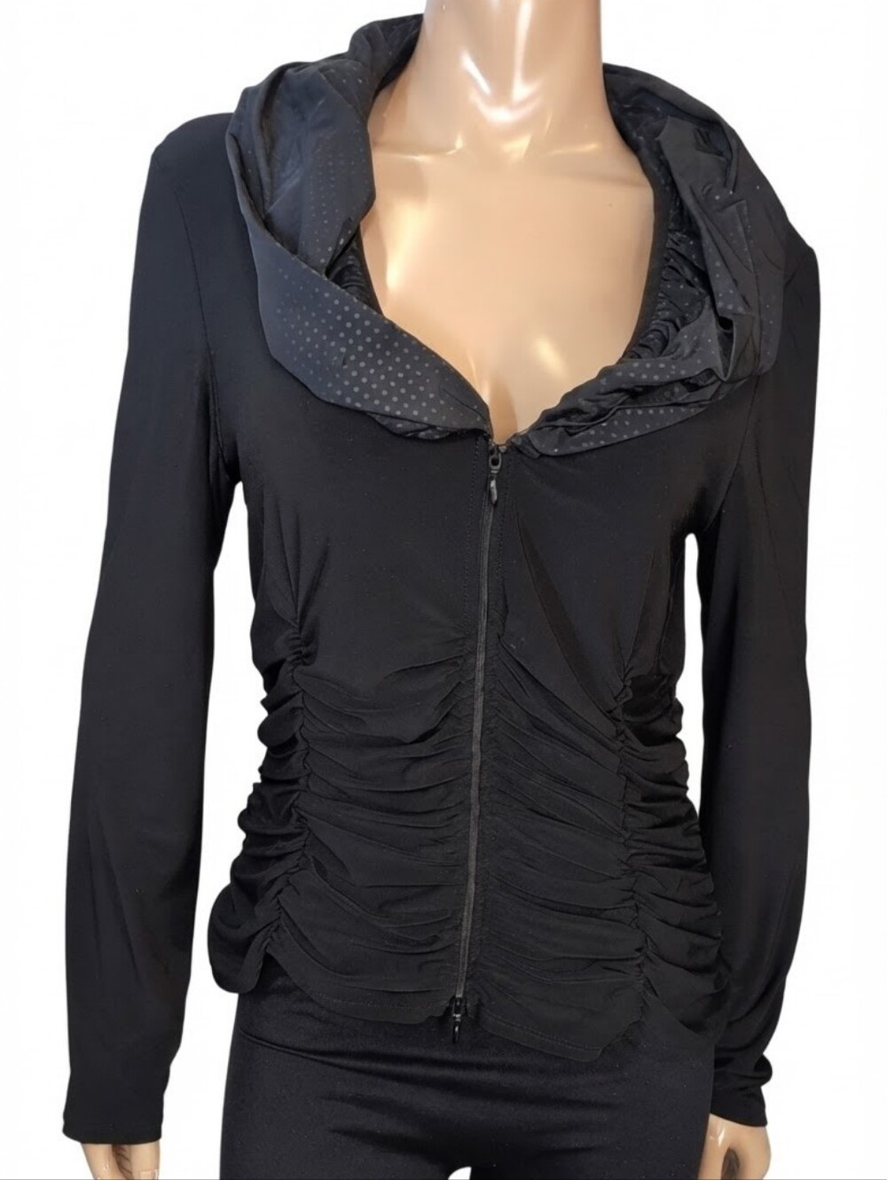 Joseph Ribkoff Black Ruched Dual Zip Front Jacket Womens Size 14 Polka Dot Cowl